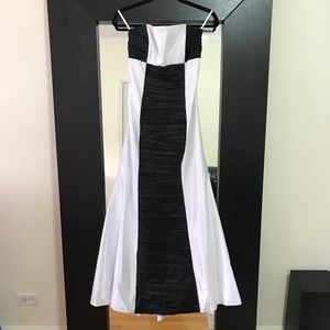 Black and white strapless silk maxi dress